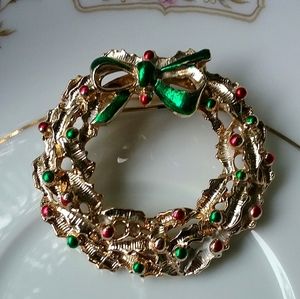 🎄Vtg Gold Christmas Wreath Brooch